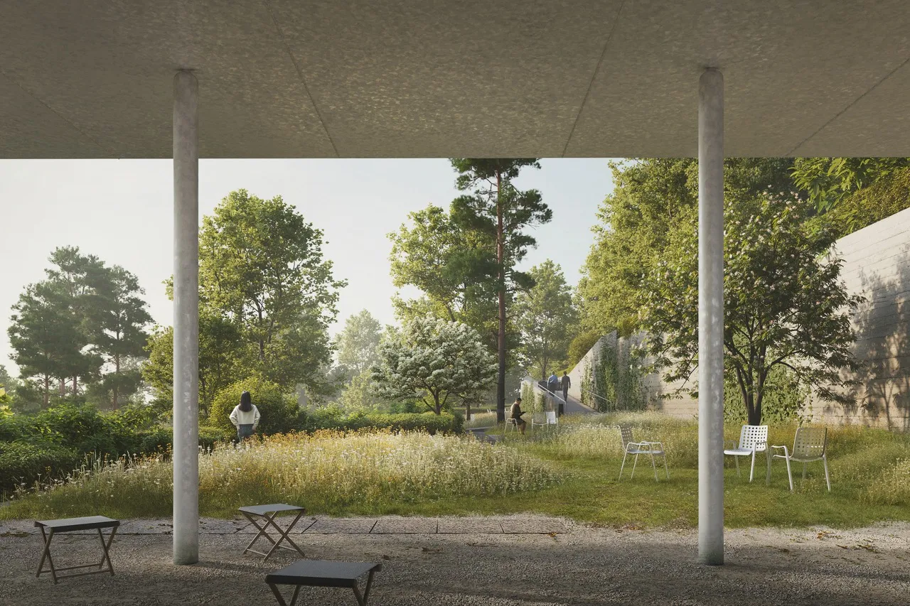 Visualization of Cemetery landscape and pavilion prepared with Atelier Amont + Balissat Kaçani (2024) by Atelier Lumen